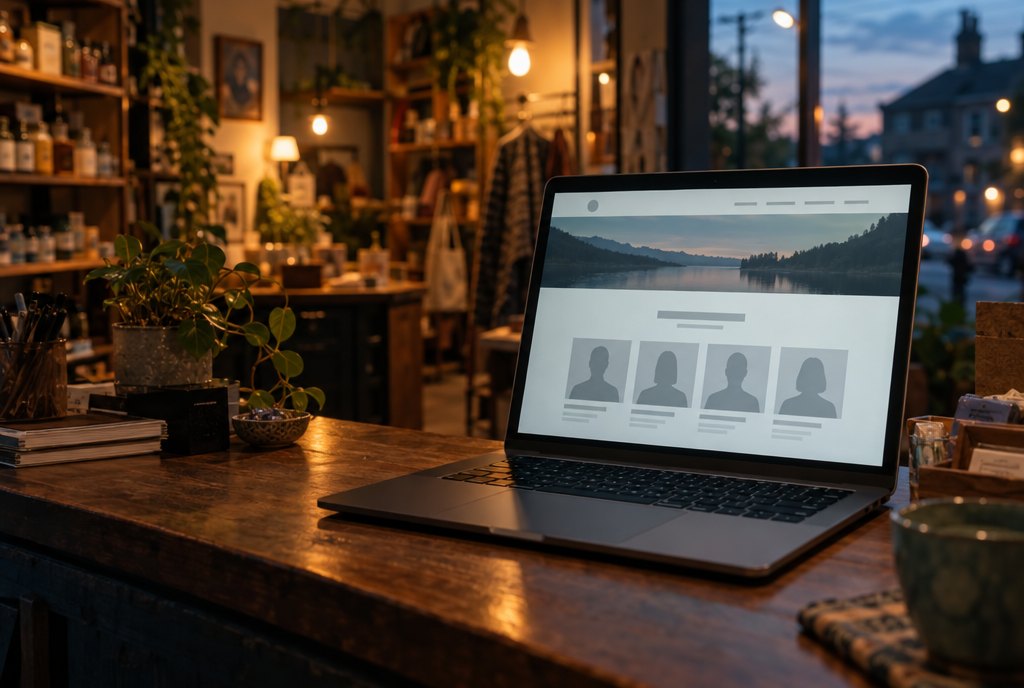 A laptop on an independent shop counter showing a website whose team photos are grey placeholder silhouettes