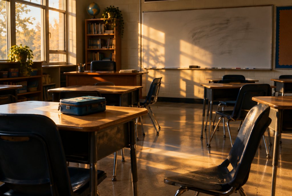 An empty classroom just after the bell, chairs pushed back at odd angles, a half wiped whiteboard and one forgotten lunchbox on a desk in a shaft of afternoon light