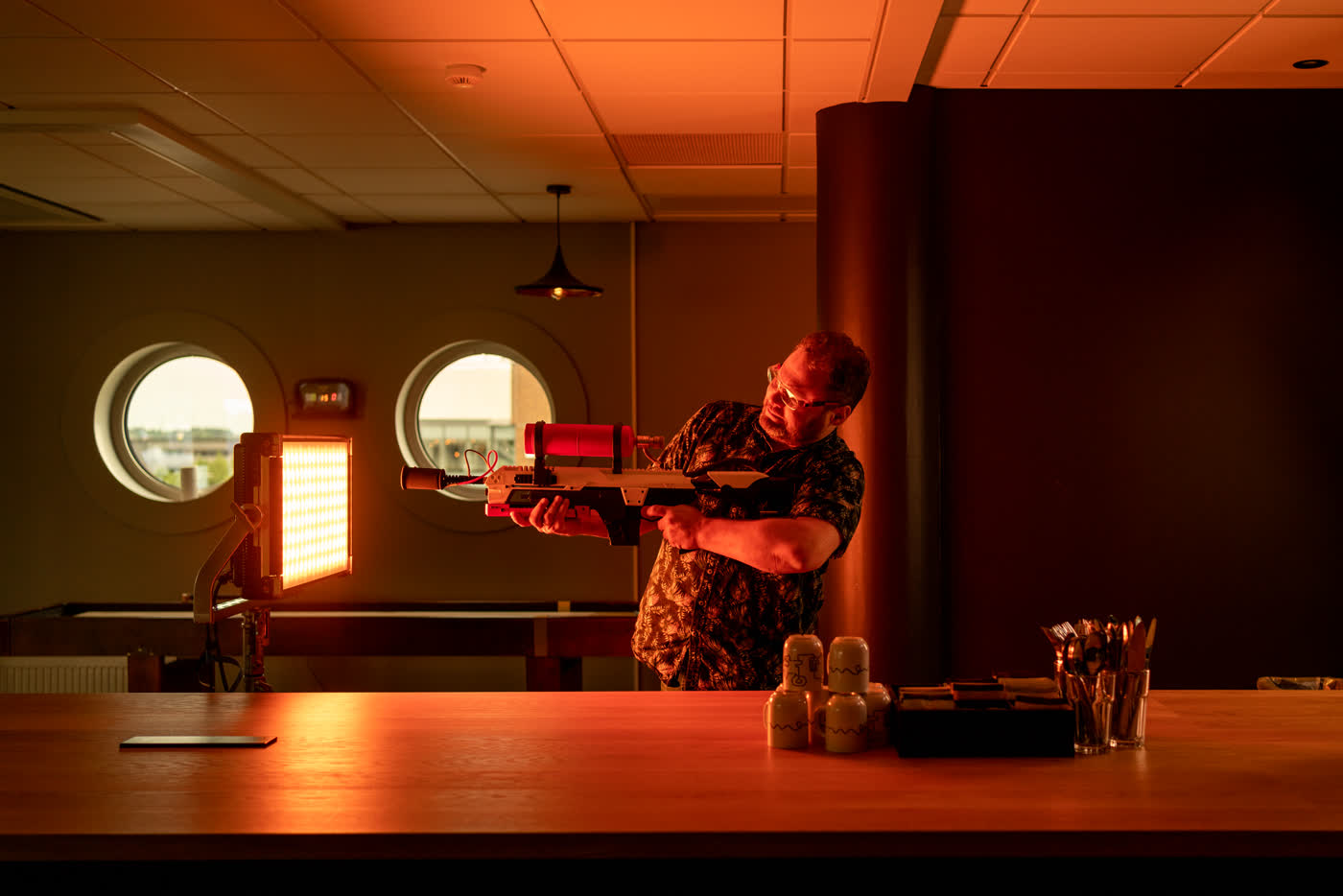 A warmly lit restaurant interior from the Musk City campaign shoot